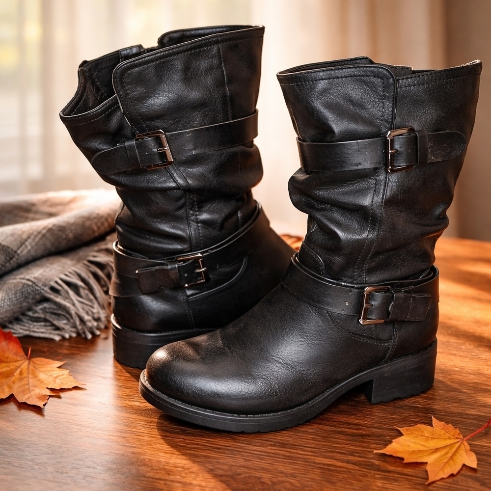 Black Faux Leather  Women's Motorcycle Riding Boots By Dream Pairs Size 6
